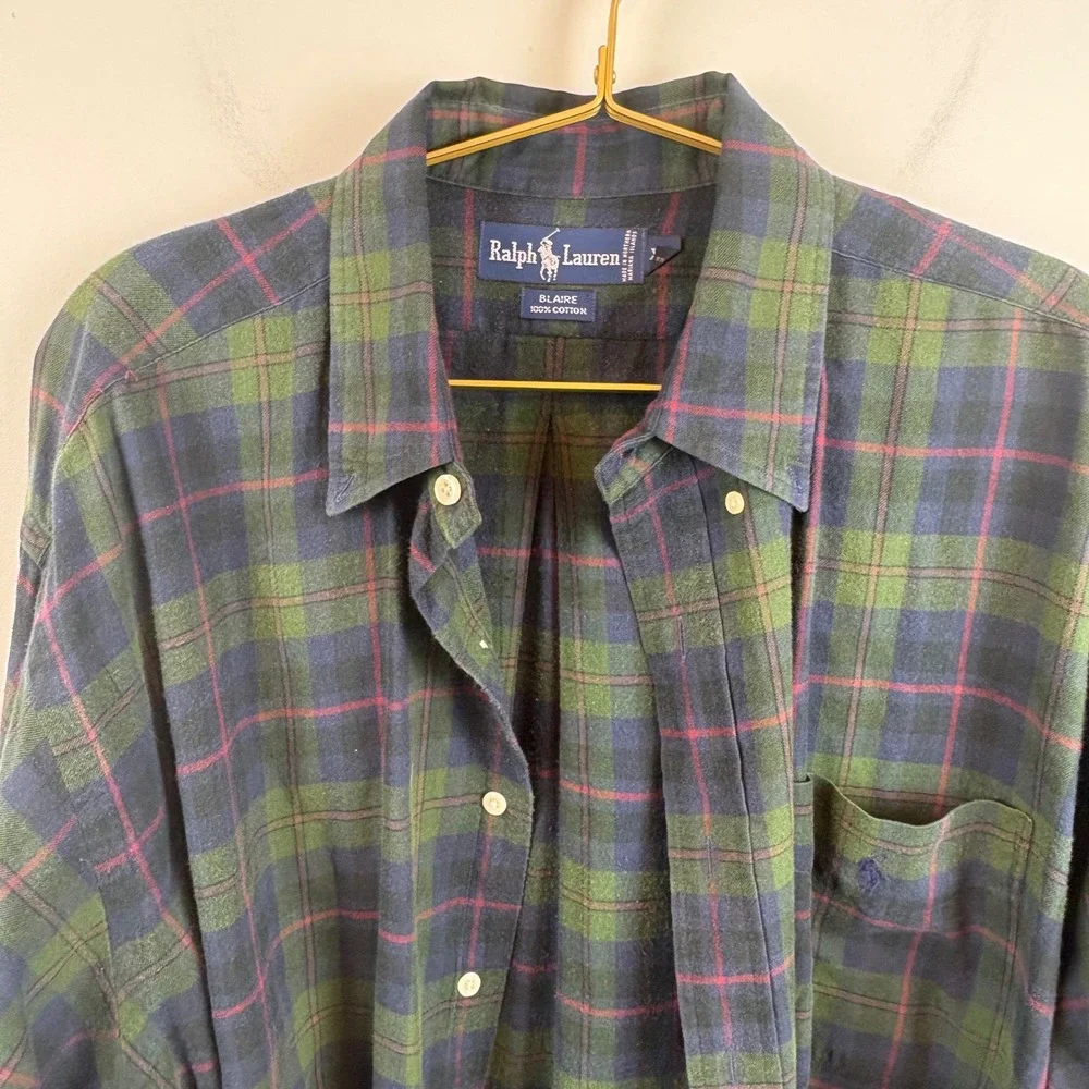 Vintage Ralph Lauren Blaire Flannel Shirt XL Tartan Green Navy Red Plaid Cotton